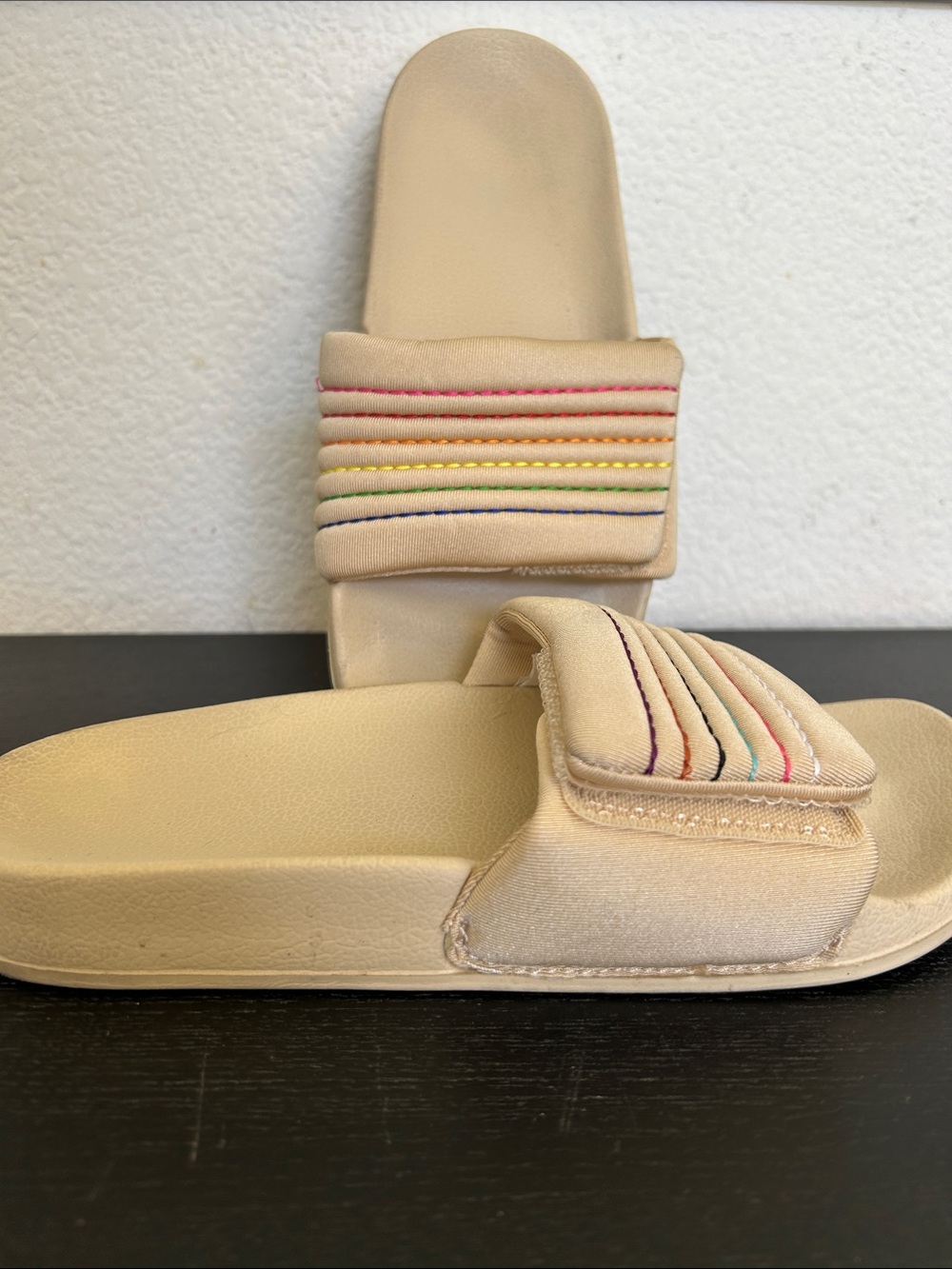 Beige Slide Sandals with Multicolor Stitch Accent